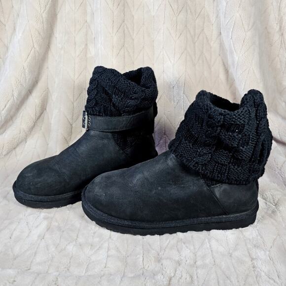 Ugg Australia Cassidee Knit Leather Boot Womens 9 Black Belted Y2K Preppy Goth - Picture 1 of 9